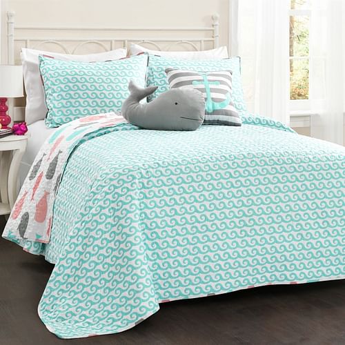 Full/Queen 5 Piece Microfiber Quilt Set in Teal Pink Aqua Waves Whale Pattern - Free Shipping 