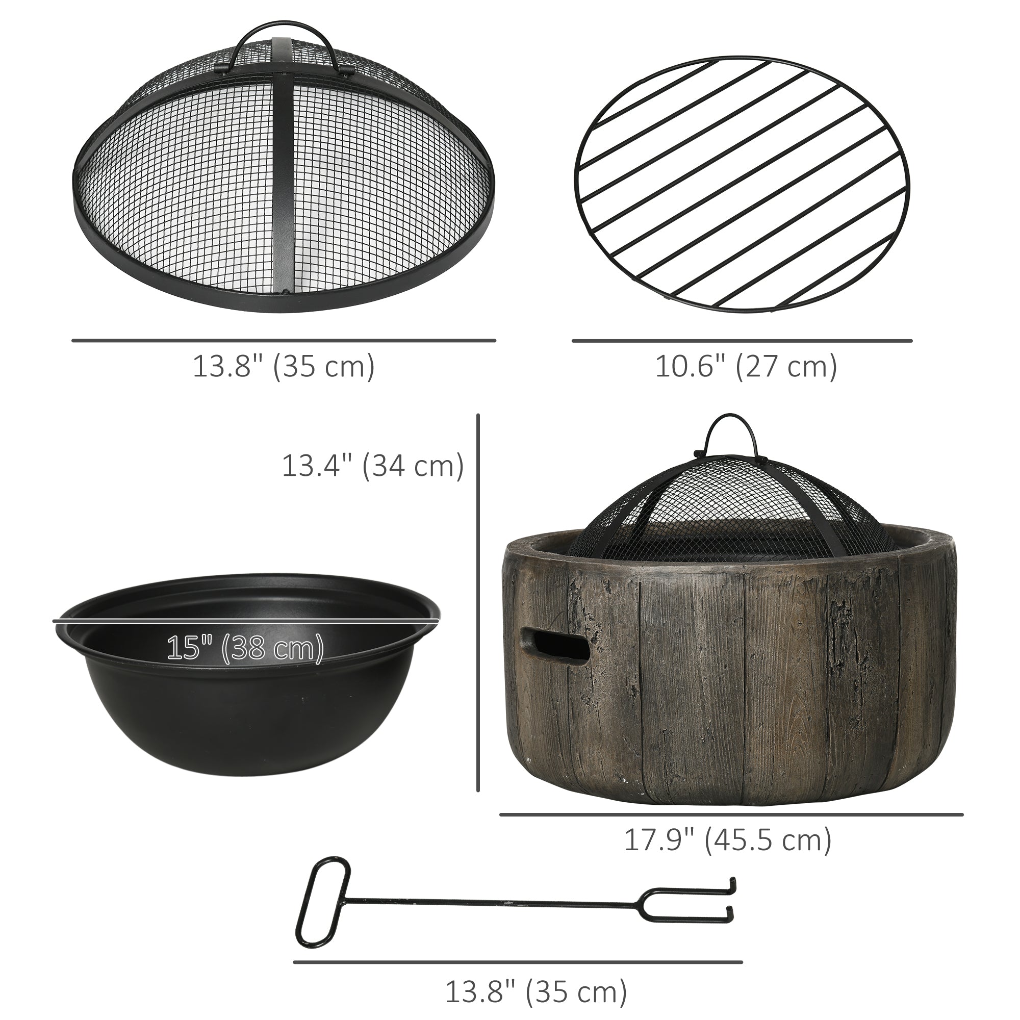 Outsunny 18" Metal Outdoor Fire Pit with Spark Cover, Poker Wood Burning Fire Bowl with Side Handles for Patio, Picnic, Dark Brown 