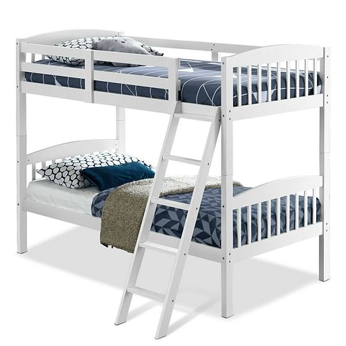 Twin over Twin Wooden Bunk Bed with Ladder in White Wood Finish - Free Shipping