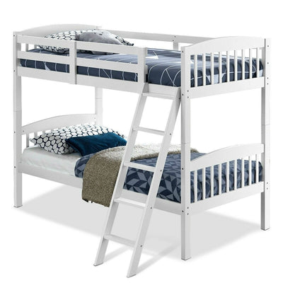 Twin over Twin Wooden Bunk Bed with Ladder in White Wood Finish - Free Shipping 