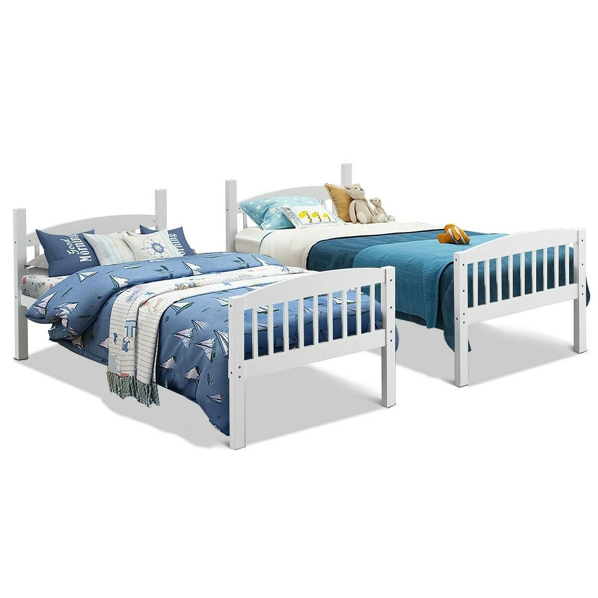 Twin over Twin Wooden Bunk Bed with Ladder in White Wood Finish - Free Shipping