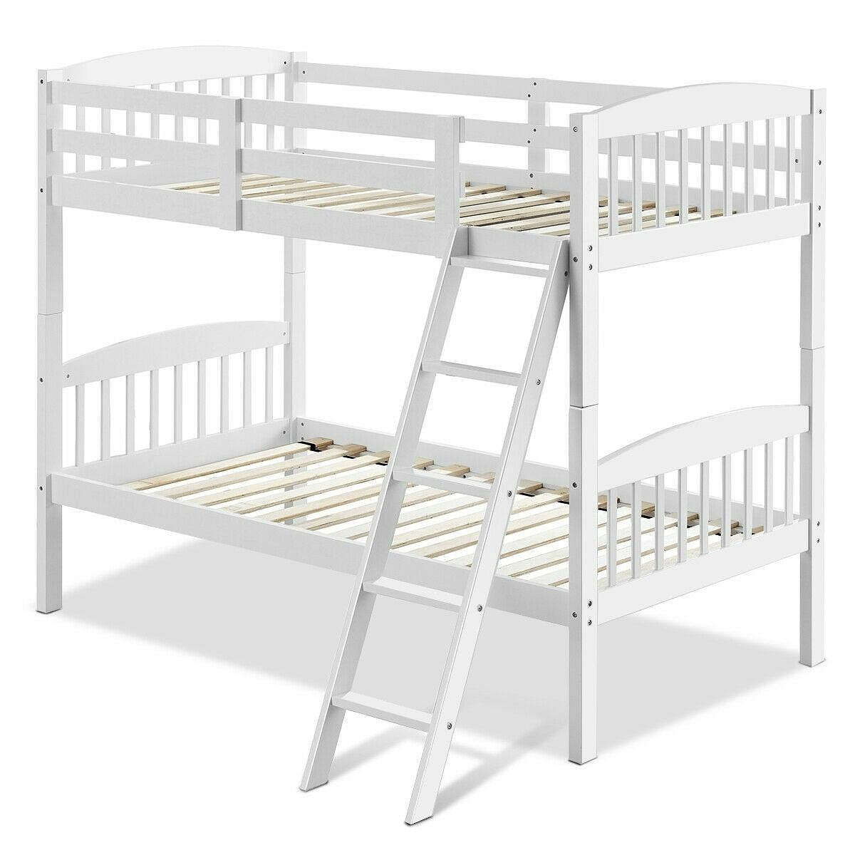 Twin over Twin Wooden Bunk Bed with Ladder in White Wood Finish - Free Shipping