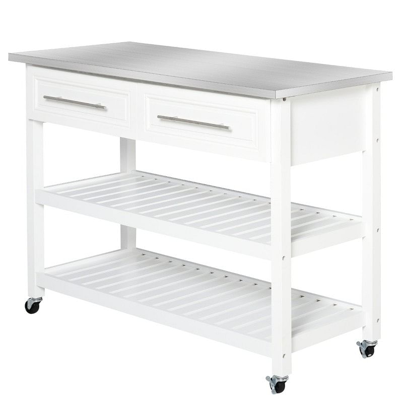 White Rolling Kitchen Island 2 Drawers Storage with Stainless Steel Top - Free Shipping