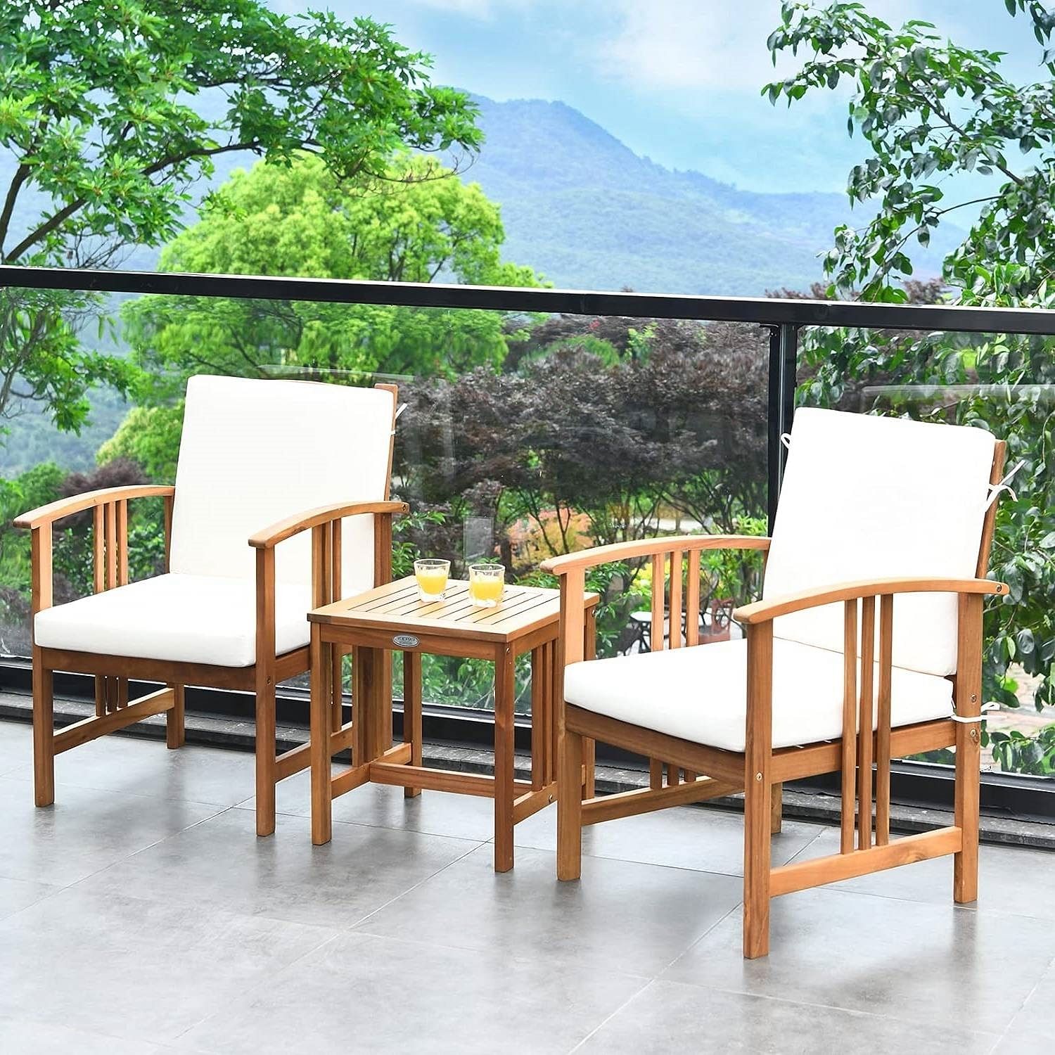 3-Piece Solid Wood Outdoor Patio Furniture Table Chairs Set with White Cushions - Free Shipping