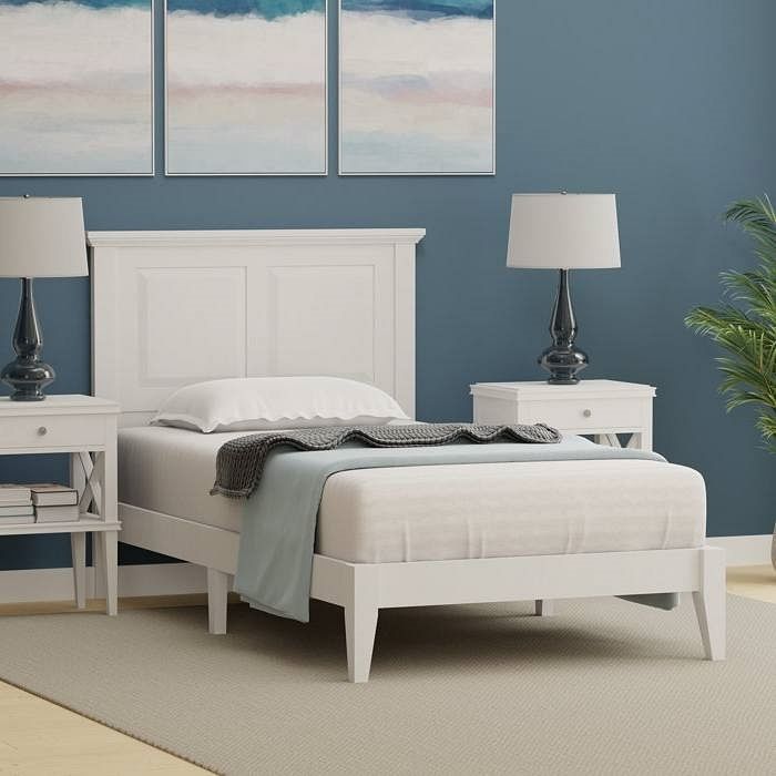 Twin Traditional Solid Oak Wooden Platform Bed Frame with Headboard in White - Free Shipping