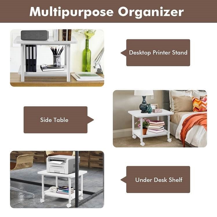 White Multipurpose 2-Tiered Mobile Wheeled Printer Cart Stand - Free Shipping