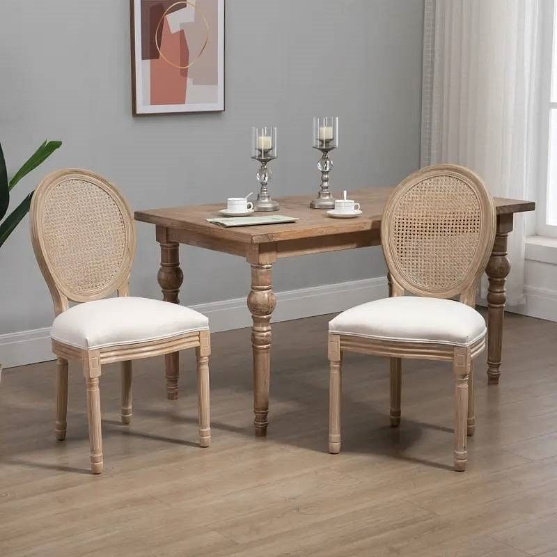 Set of 2 Vintage Upholstered Armless Rattan Back Dining Chairs Beige White - Free Shipping