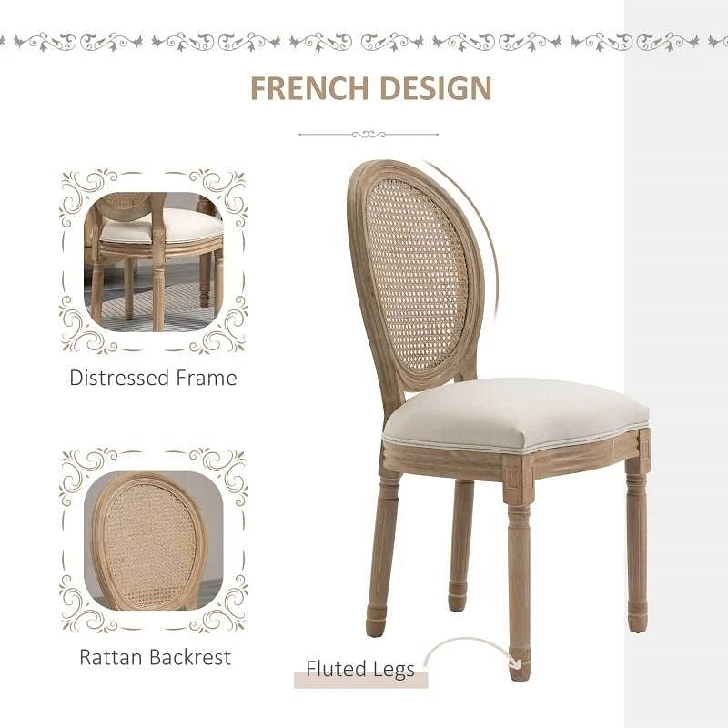 Set of 2 Vintage Upholstered Armless Rattan Back Dining Chairs Beige White - Free Shipping