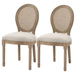 Set of 2 Vintage Upholstered Armless Rattan Back Dining Chairs Beige White - Free Shipping