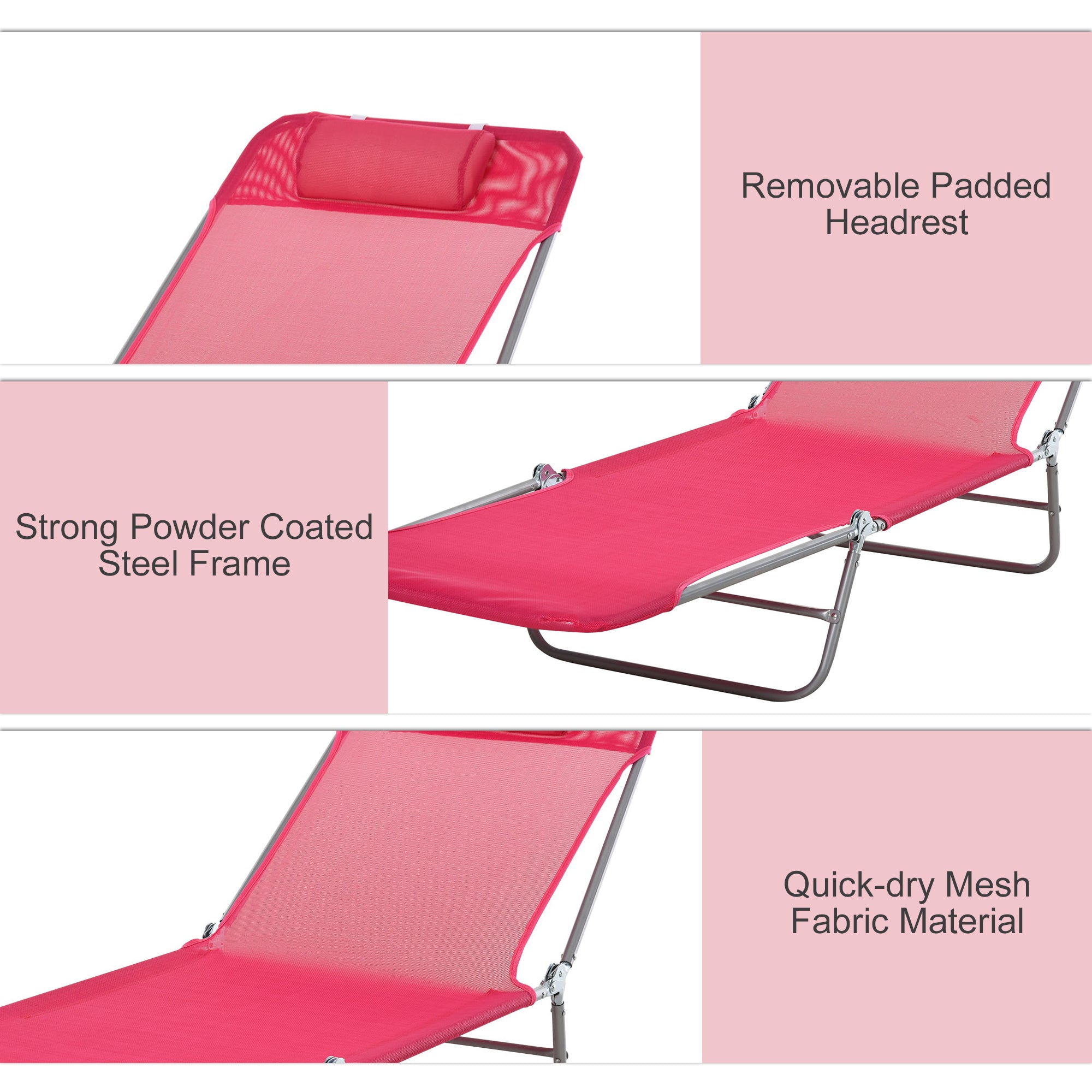Outsunny Outdoor Lounge Chair, Portable Reclining Seat, Folding Chaise Lounge, Tanning Chair Bed with Pillow, Pink 