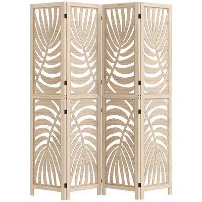 HOMCOM 4 Panel Room Divider, Detachable Folding Privacy Screens with Palm Leaf Design for Home Office, Natural Wood Finish 