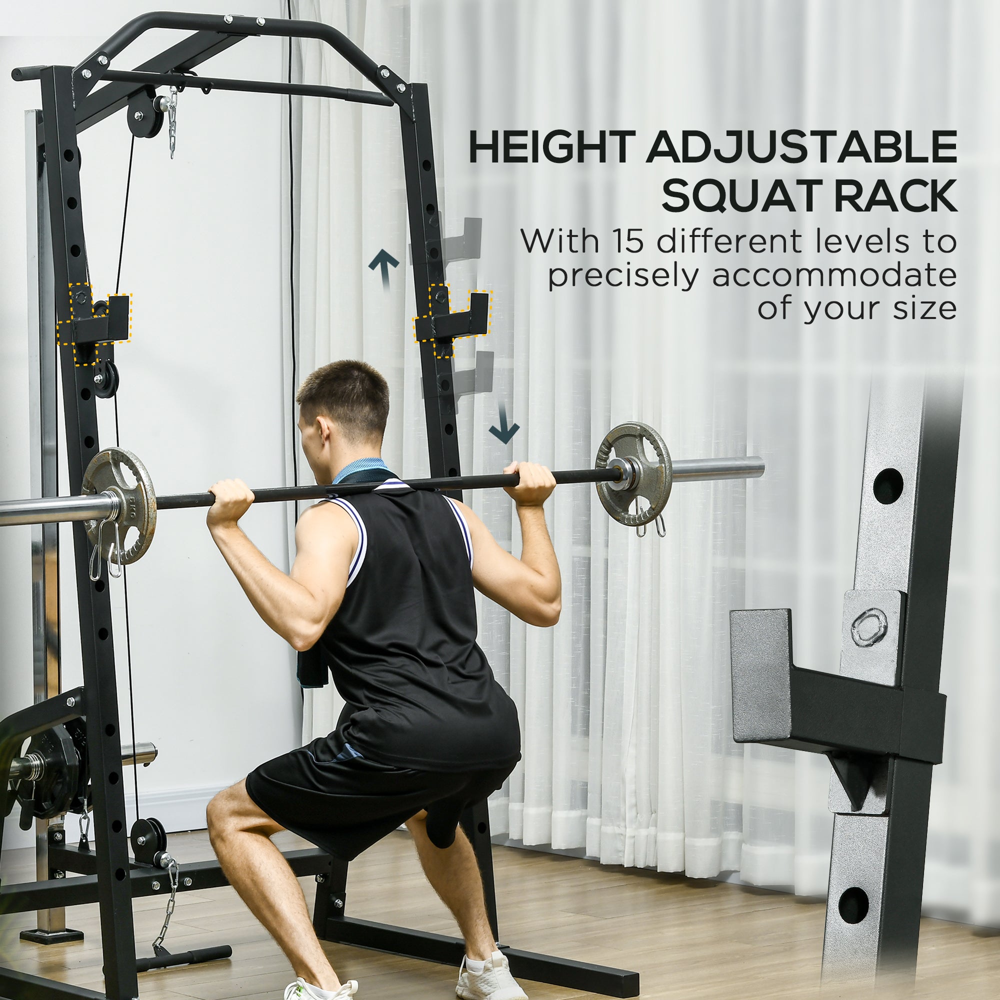 Soozier Complete Power Cage with 15-Level Squat Rack, Cable Pulley, Pull & Push-up Stand for Strength Training 