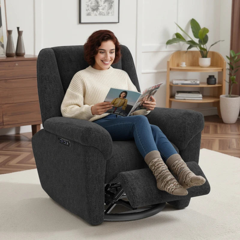 Power Recliner Chair, Fabric Upholstered Recliner Chair with USB Ports, Swivel and Rocking Function, Footrest, Black
