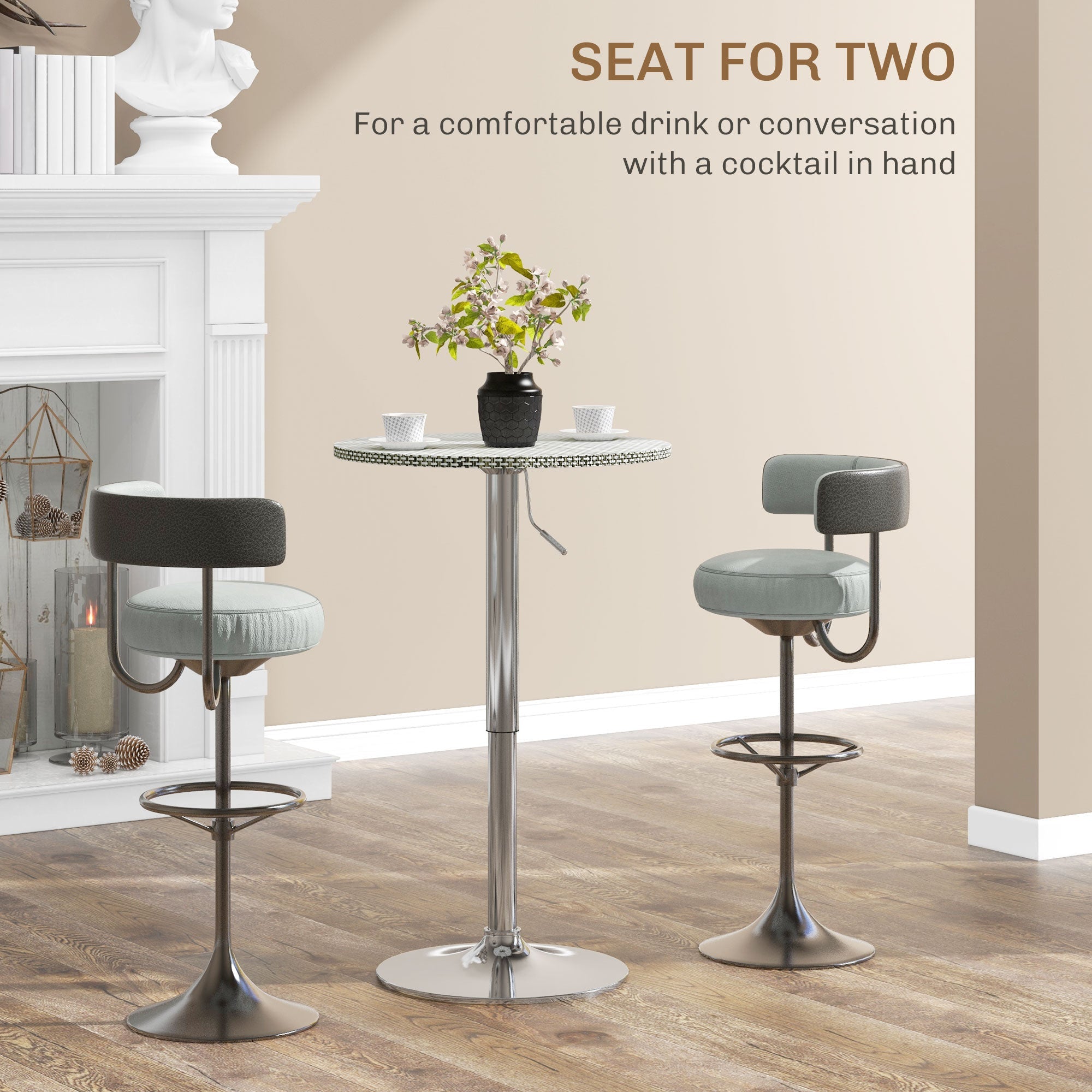 HOMCOM Adjustable Bar Table for 2, Round Pub Table with PE Rattan Top and Steel Base for Home Bar, Small Dining Room, Grey 