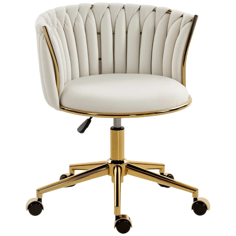 Office Chair, Vanity Chair with Woven Back, Adjustable Height, Rolling Wheels, Cream White