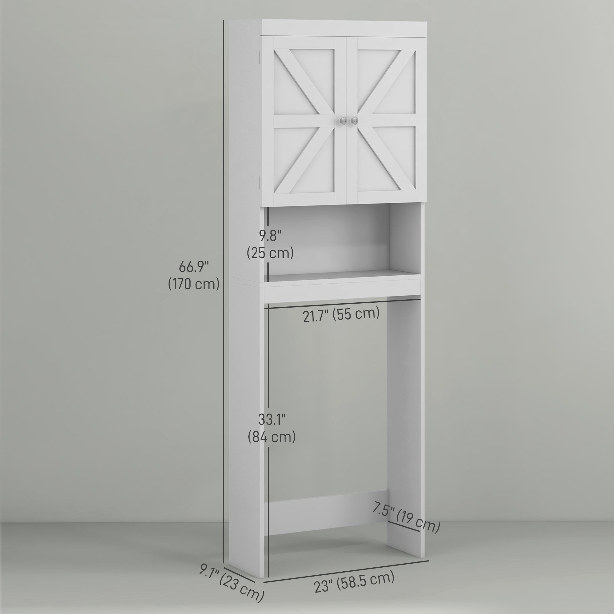 HOMCOM Over The Toilet Bathroom Cabinet Modern Above Toilet Storage Barn Doors Open Shelf White 