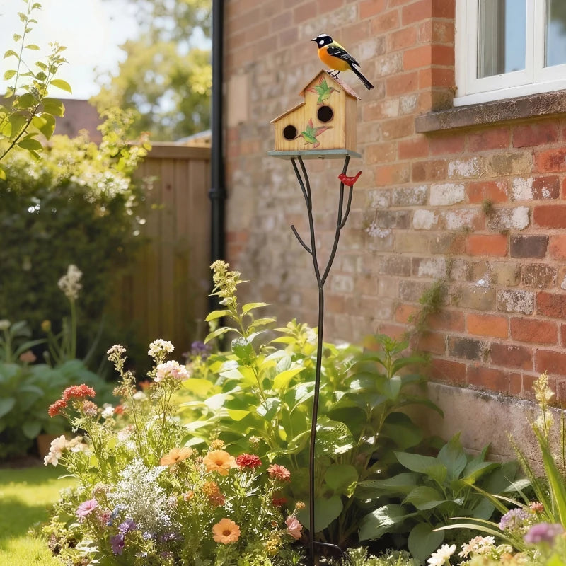 57" Outdoor Bird House with Pole, Metal Bird Houses for Outside, Double-Hole Birdhouse Outdoor Decoration, Yellow