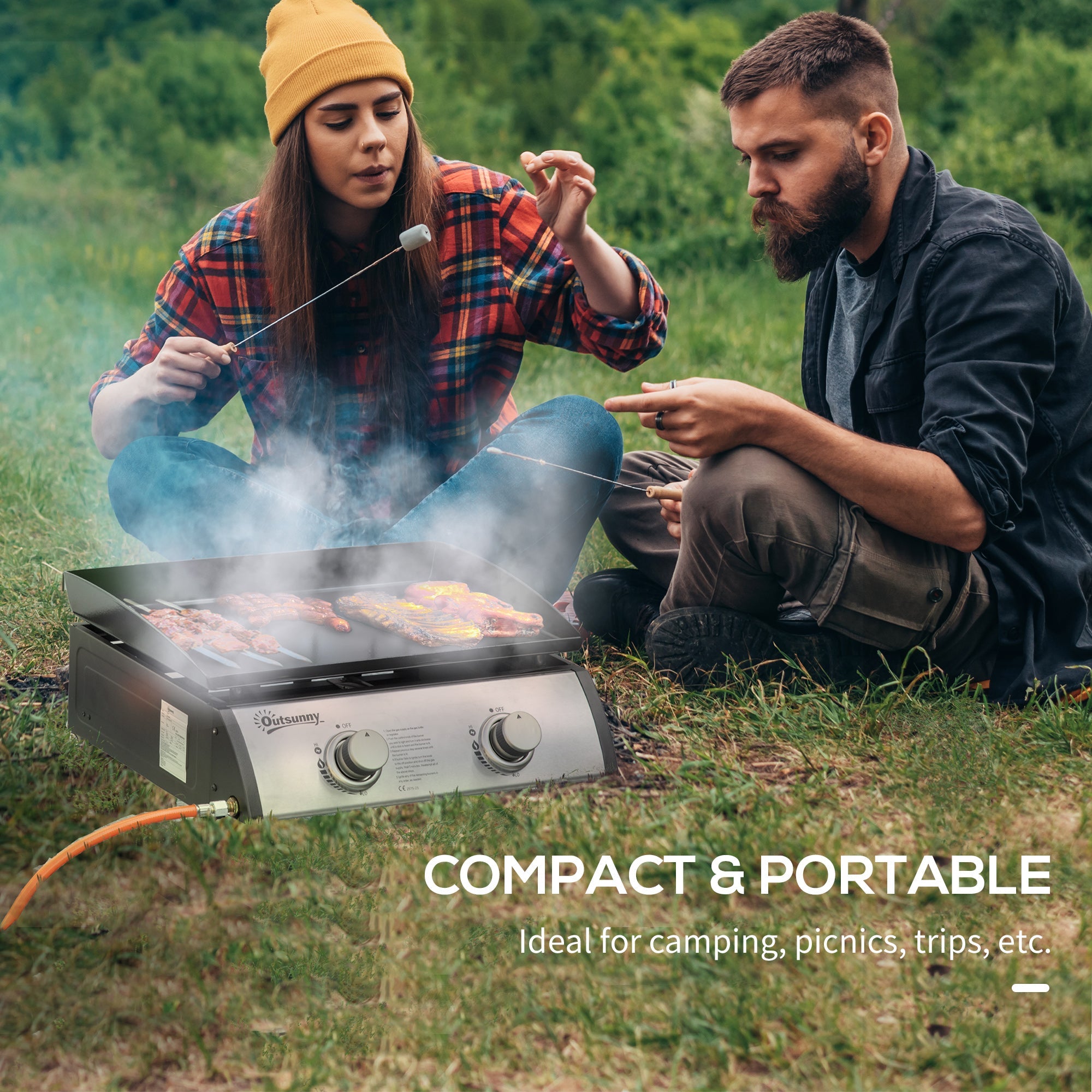 Outsunny 2 Burner Liquefied Gas Grill, Portable Tabletop BBQ Grill, for Camping, Picnic, Silver 