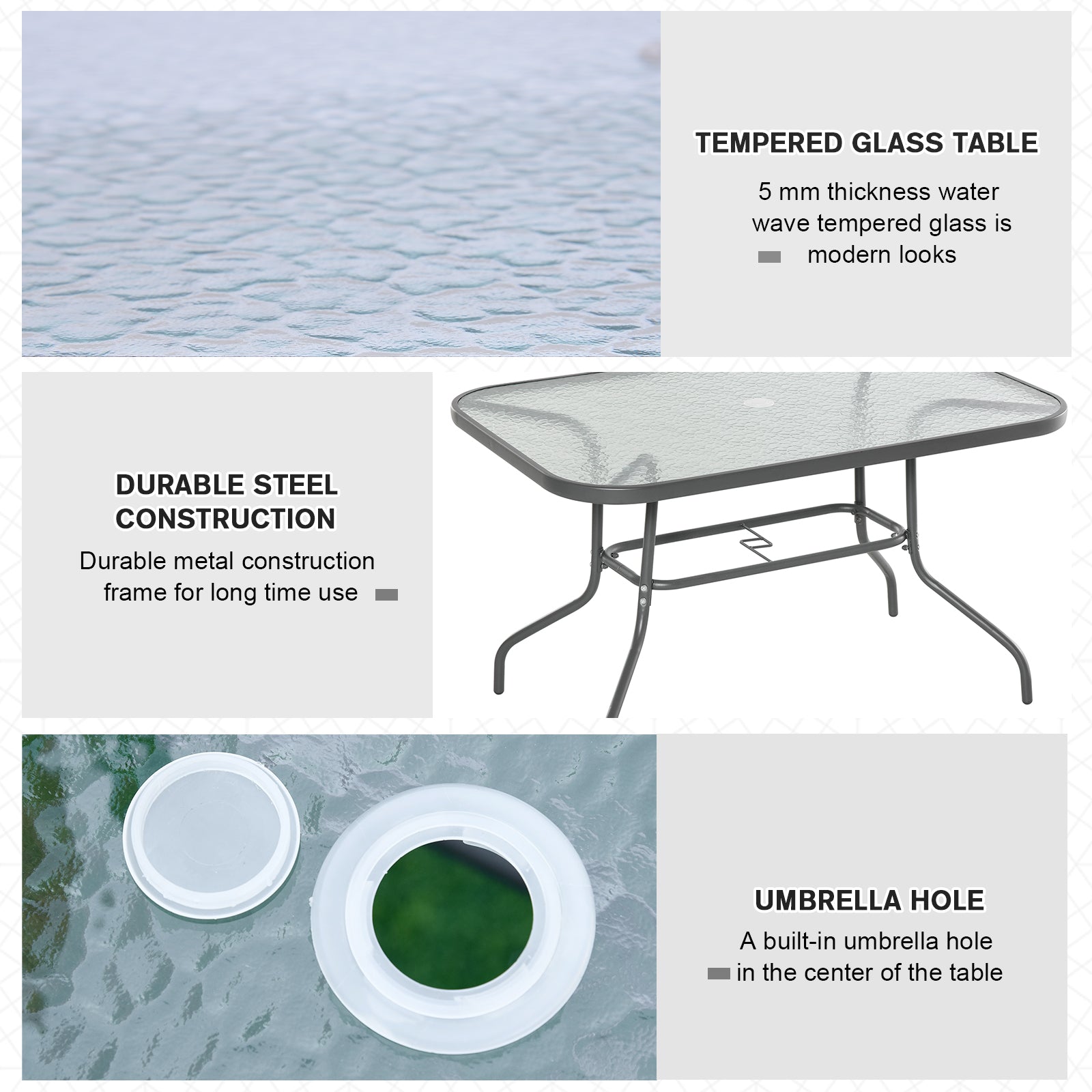 Outsunny Outdoor Patio Dining Table Metal w Tempered Glass Top Umbrella Hole Garden Furniture 47.25" x 31.5" 