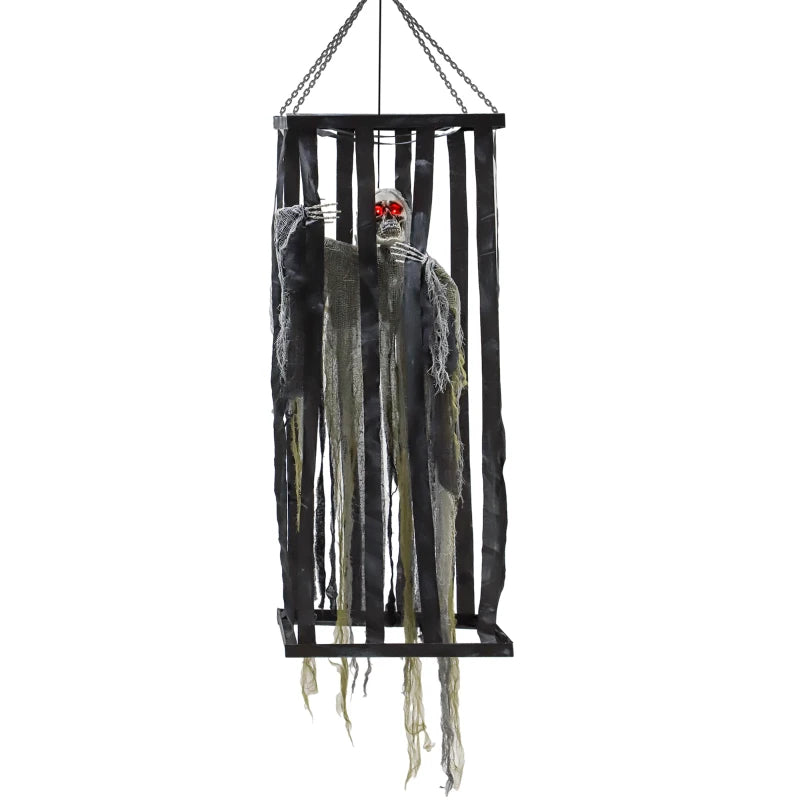 Outsunny Animatronic Hanging Skeleton Reaper in Cage – Voice-Activated Halloween Prop with Flashing Eyes 