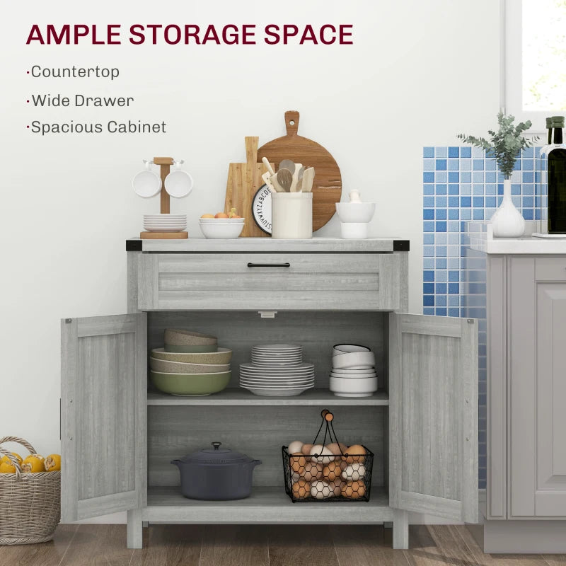 Farmhouse Kitchen Storage Cabinet, Sideboard Buffet Cabinet with 2 Rustic Barn Doors and Drawer, Grey