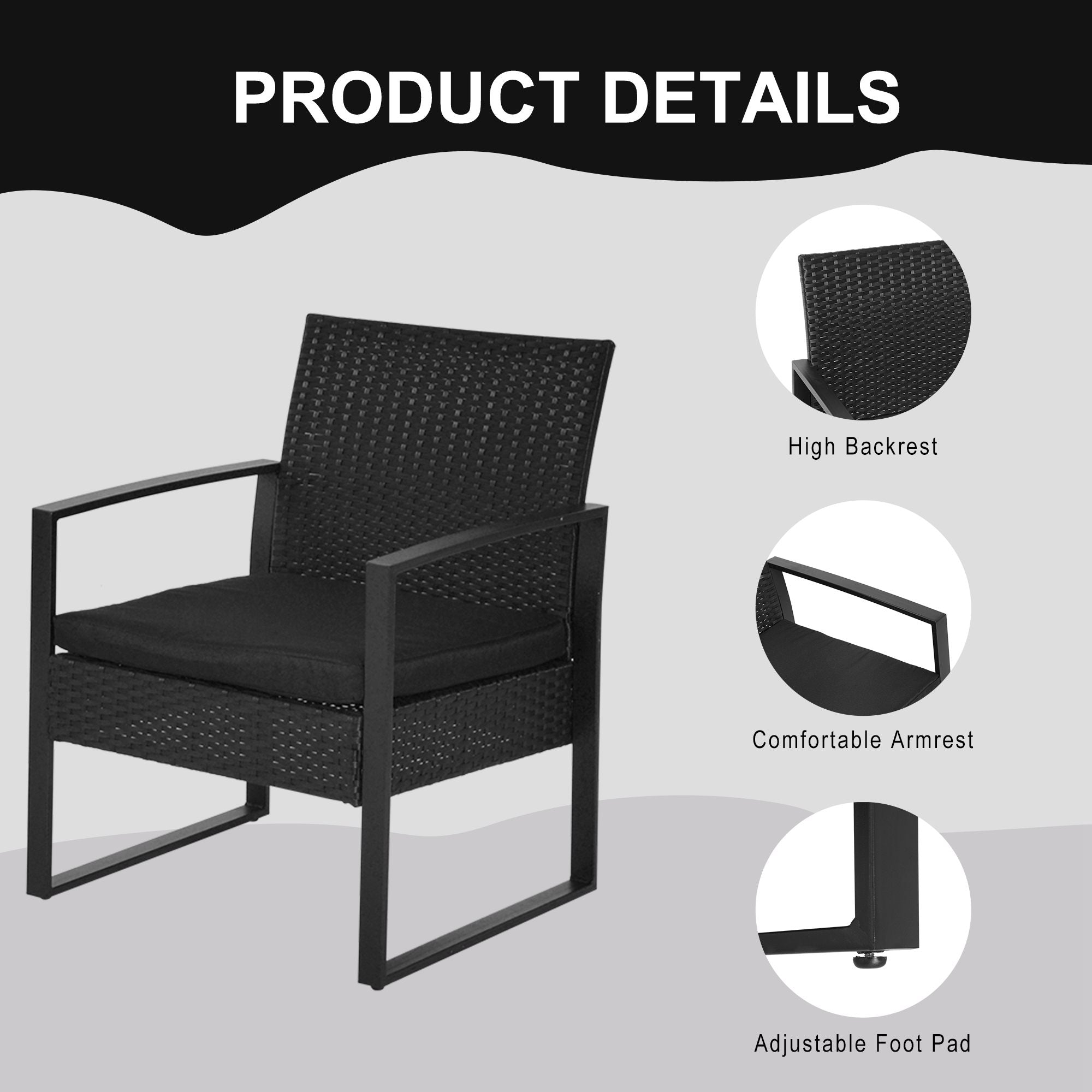 Outsunny 3 Pieces Patio Bistro Set, Outdoor PE Rattan Garden Porch Furniture w/ Cushioned Chairs & Tea Table Patio Furniture, Black 