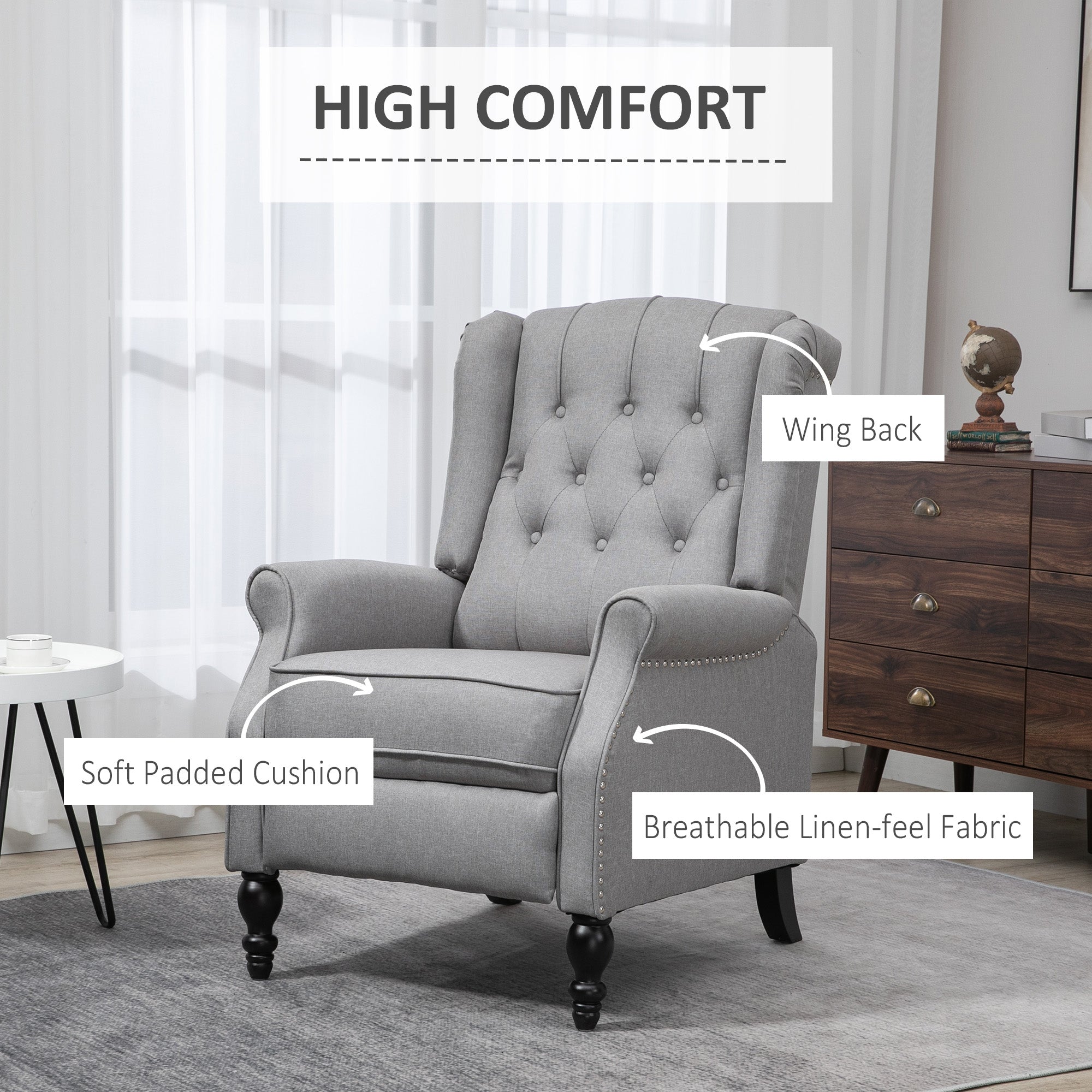HOMCOM Luxury Manual Reclining Sofa Fabric Push Back Chair Button Tufted & Nail Head Trim Cozy Armrest Light Gray 