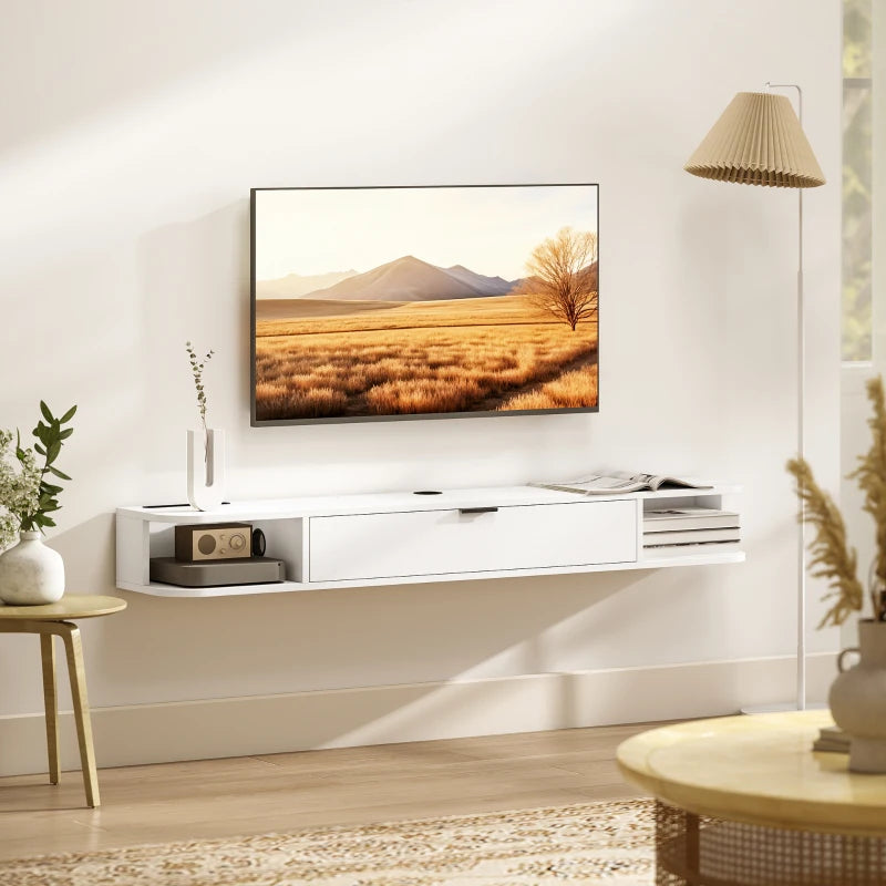 55" Floating TV Stand for TVs up to 60 Inch, Wall Mounted Media Console with Flip Drawer and 2 Open Shelves, White