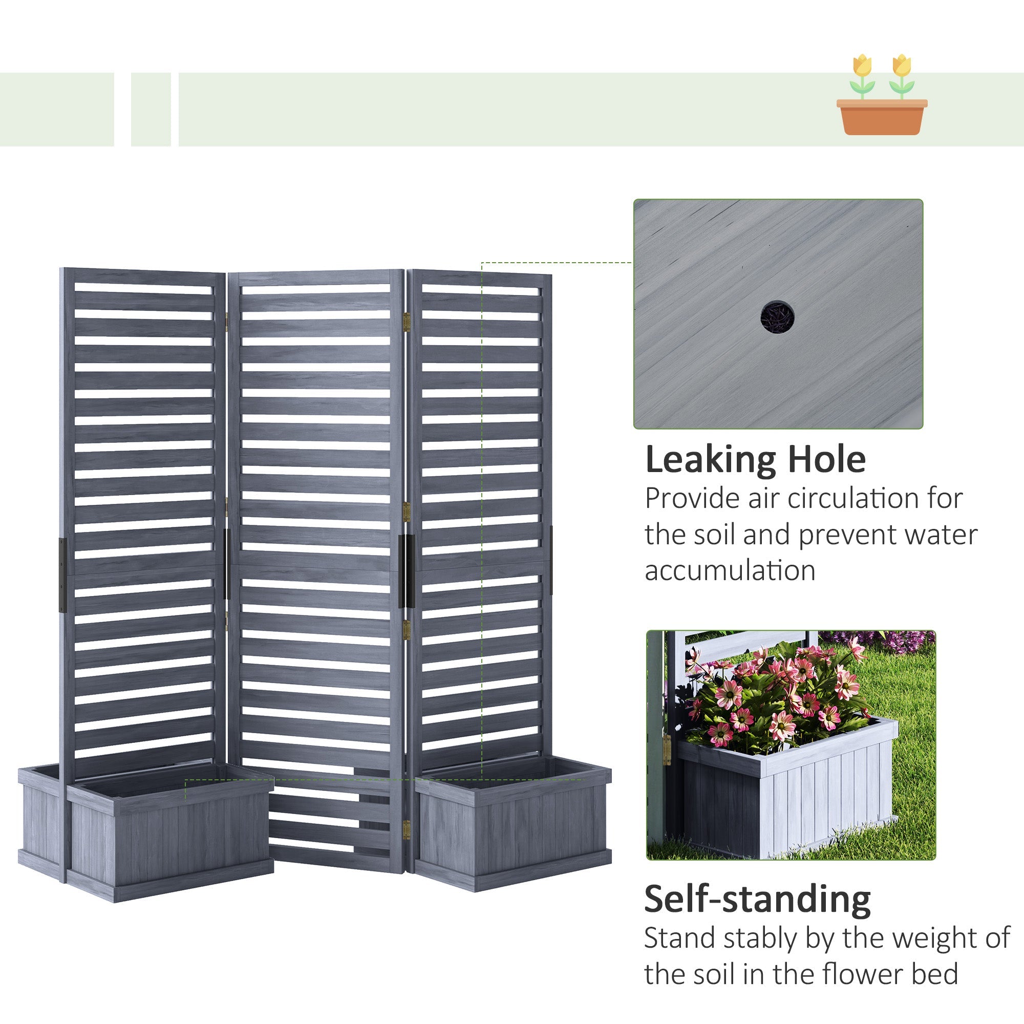 Outsunny Outdoor Privacy Screen Wood Privacy Panel with 4 Planter Boxes, Raised Bed with 3 Panels, Drainage Holes 