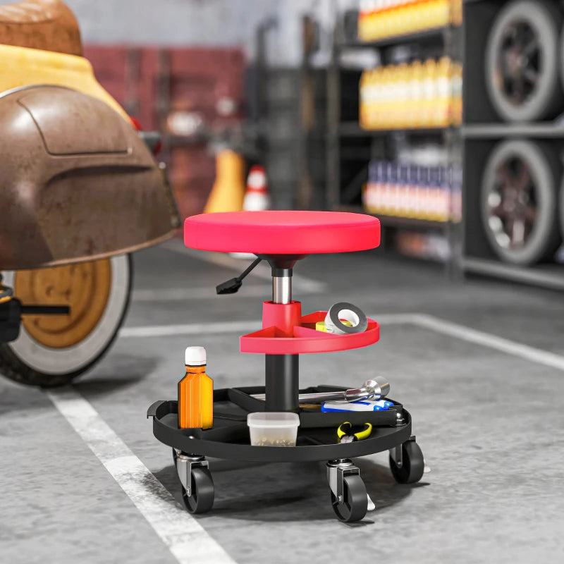 Rolling Garage Stool, 300 LBS Capacity Mechanic Stool with 2.5" Wheels, Tool Trays Storage, Adjustable Height, Red
