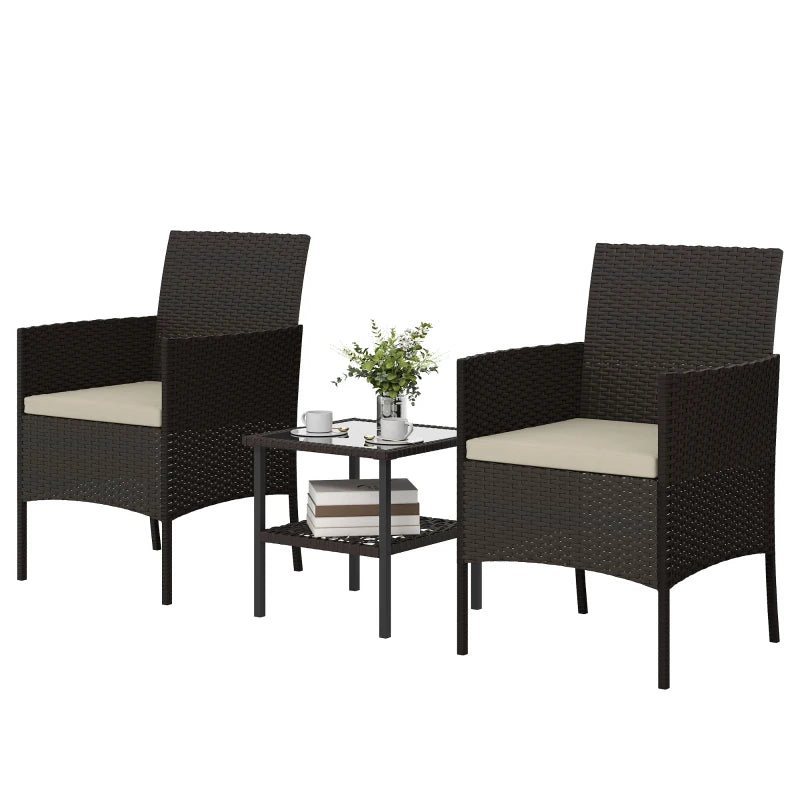 Wicker Bistro Set, 3 Piece Patio Furniture Set with 2-Tier Glass Top Table, Cushions for Balcony, Porch, Khaki