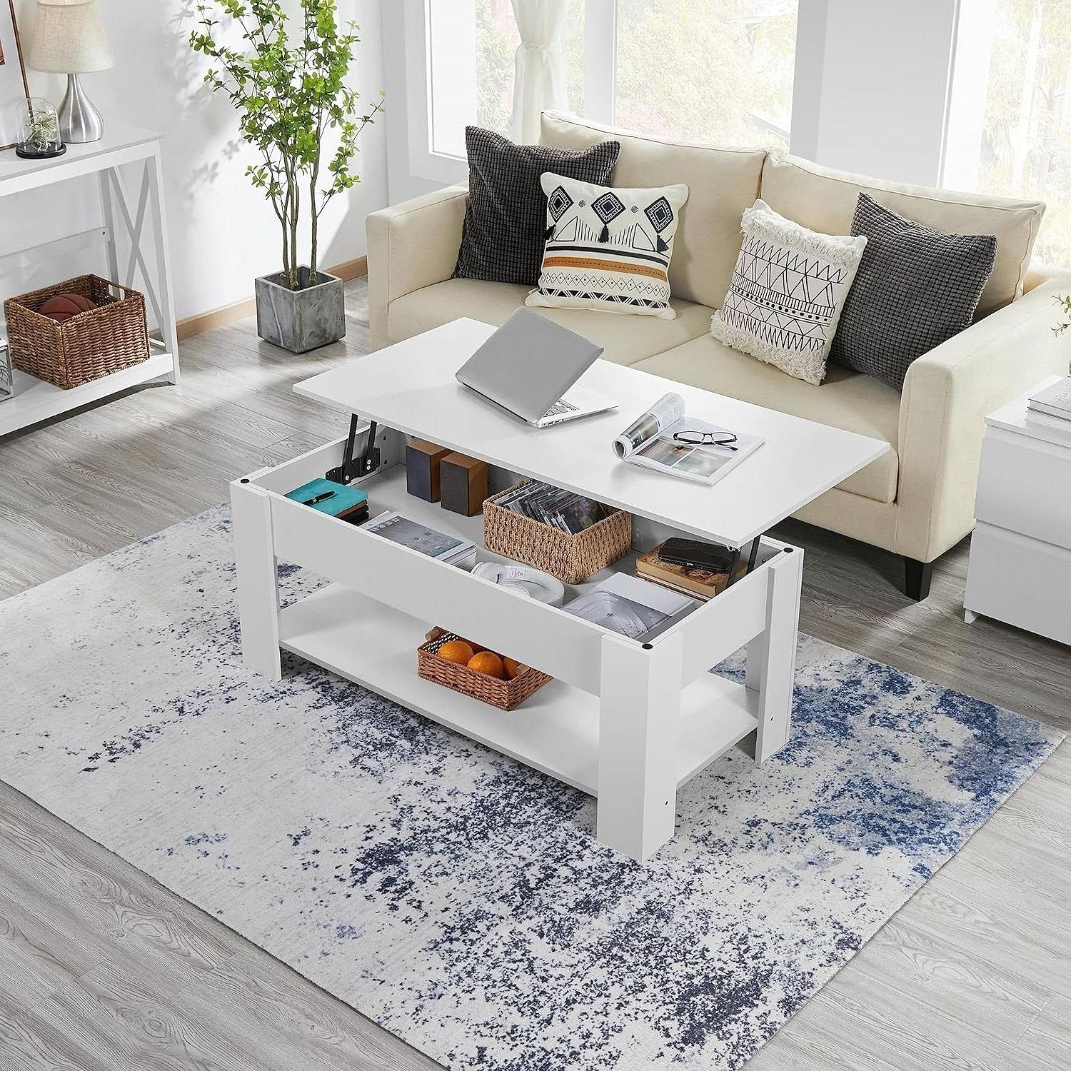 Lift-Top Coffee Table Laptop Desk TV Tray in White Wood Finish - Free Shipping 