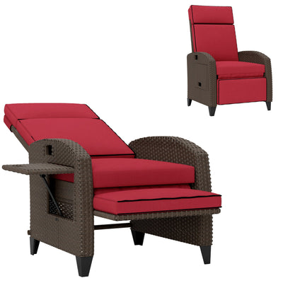 Outsunny Outdoor Recliner Chair with Adjustable Backrest, Cushion, Side Tray, Wine Red 