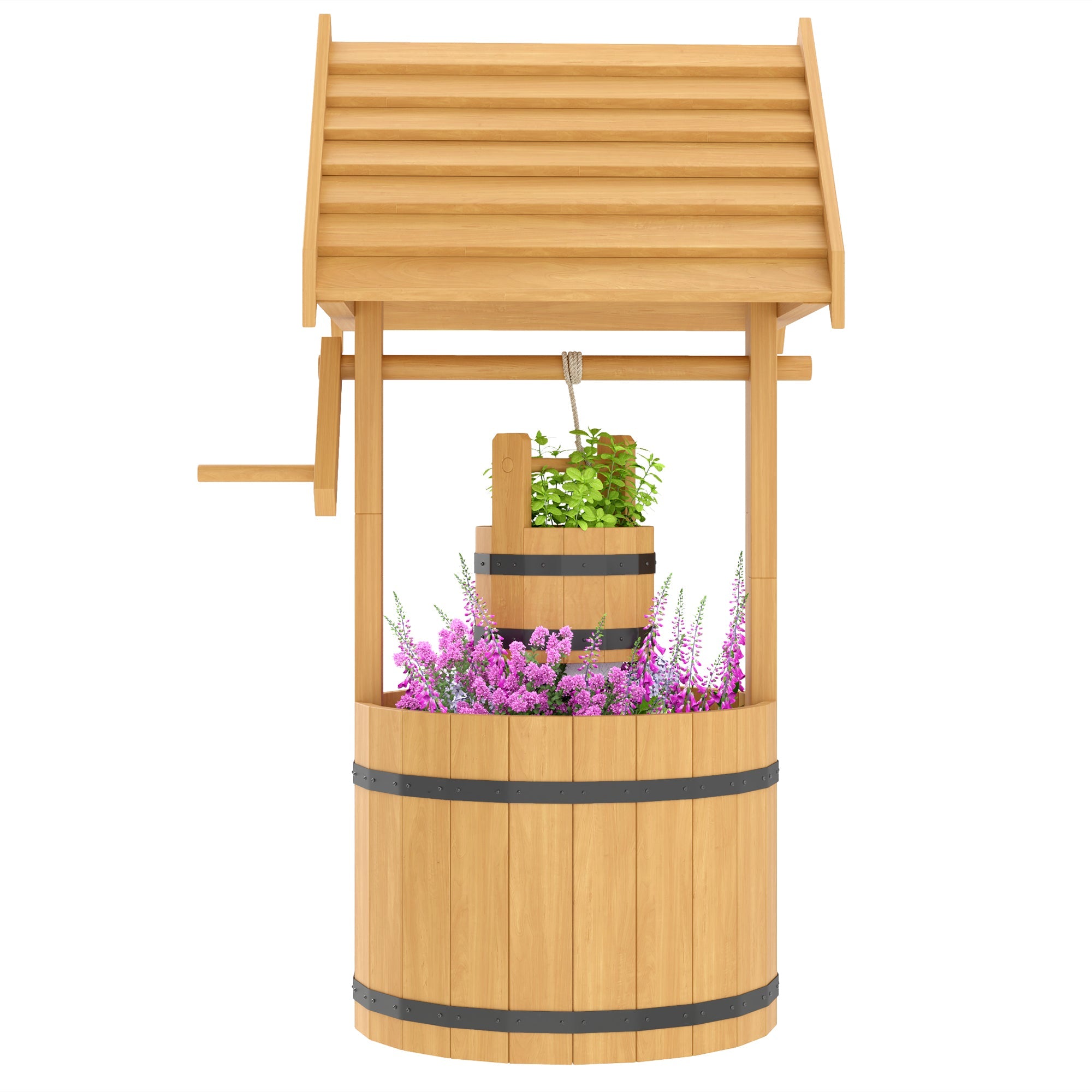 Outsunny Wood Wishing Well Outdoor Wooden Planter with Hanging Bucket and Drainage Hole for Garden, Patio, Backyard, Orange 