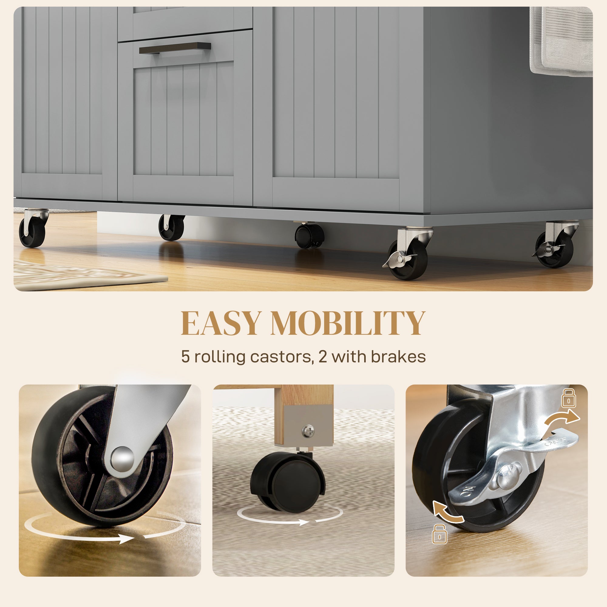 HOMCOM Rolling Kitchen Cart on Wheels with Drop Leaf, Kitchen Island with 3 Drawers, Solid Wood Top and Towel Rack, Grey 