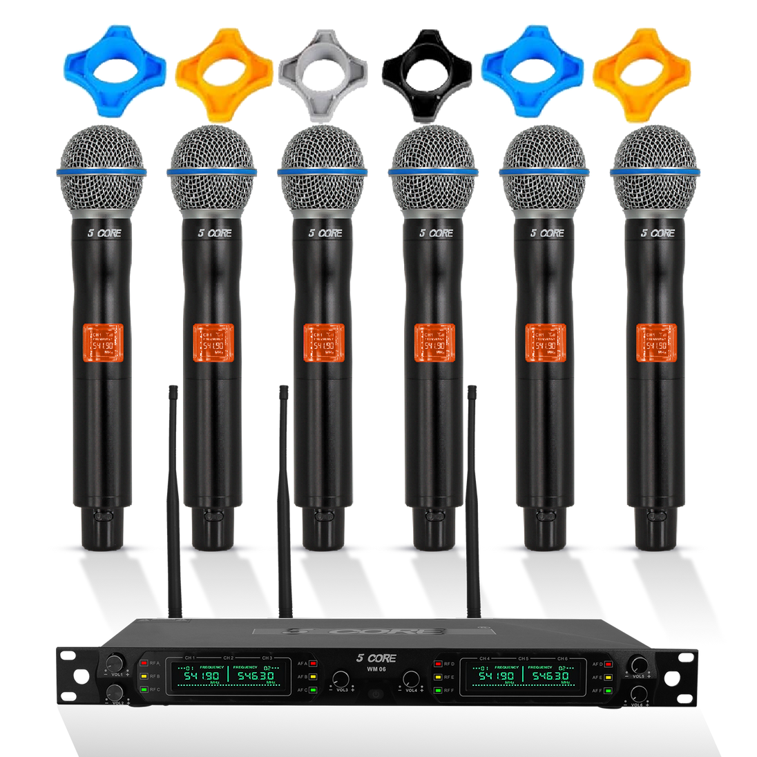 5 Core Wireless Microphone System 6 Channel UHF Portable Receiver w 6 Cordless Dynamic Mic 492F Range