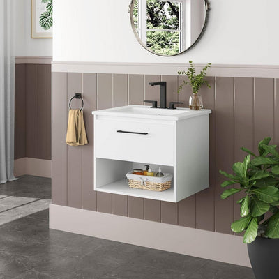 Modern Wall Mounted Bathroom Vanity in White Wood Finish with Ceramic Sink - Free Shipping 