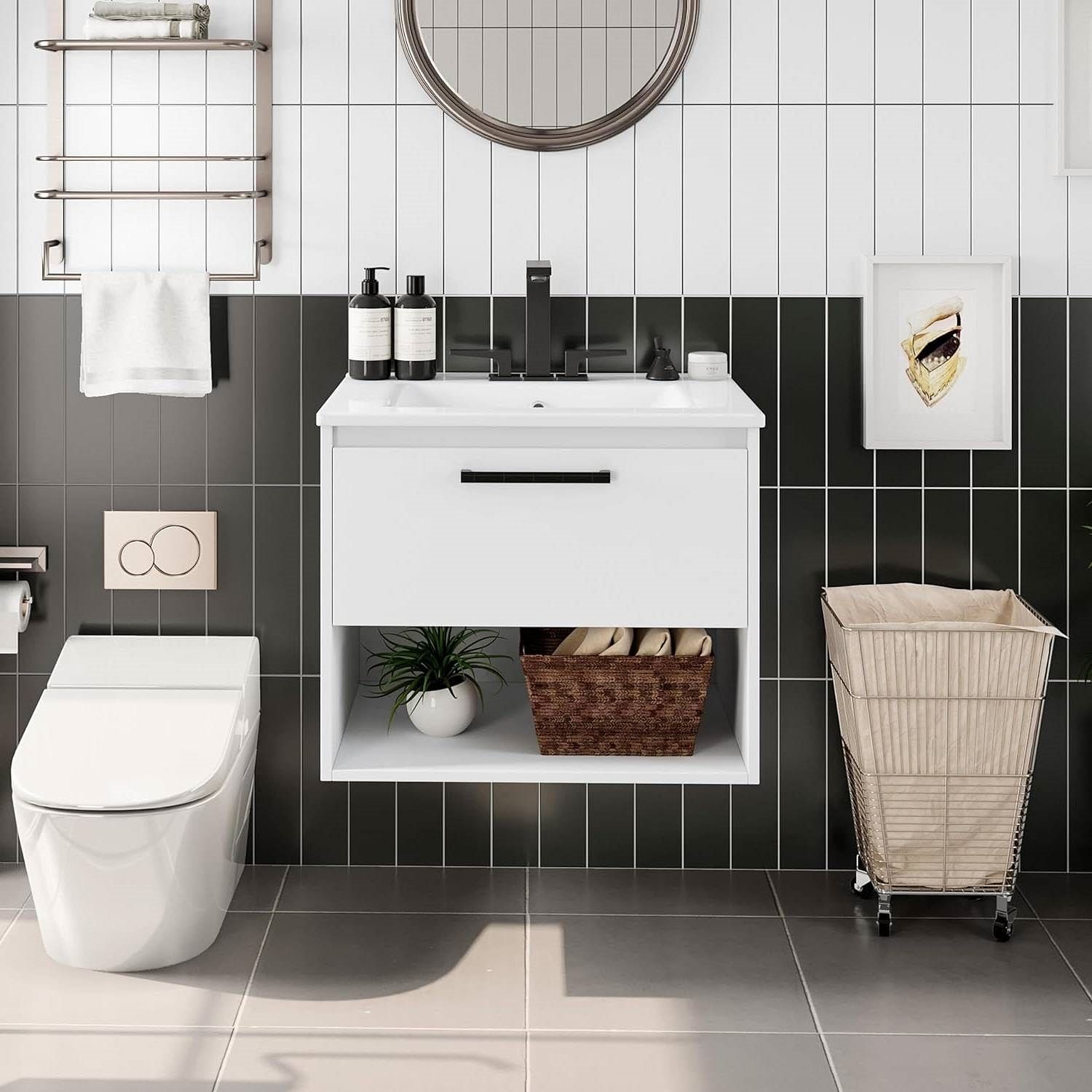 Modern Wall Mounted Bathroom Vanity in White Wood Finish with Ceramic Sink - Free Shipping