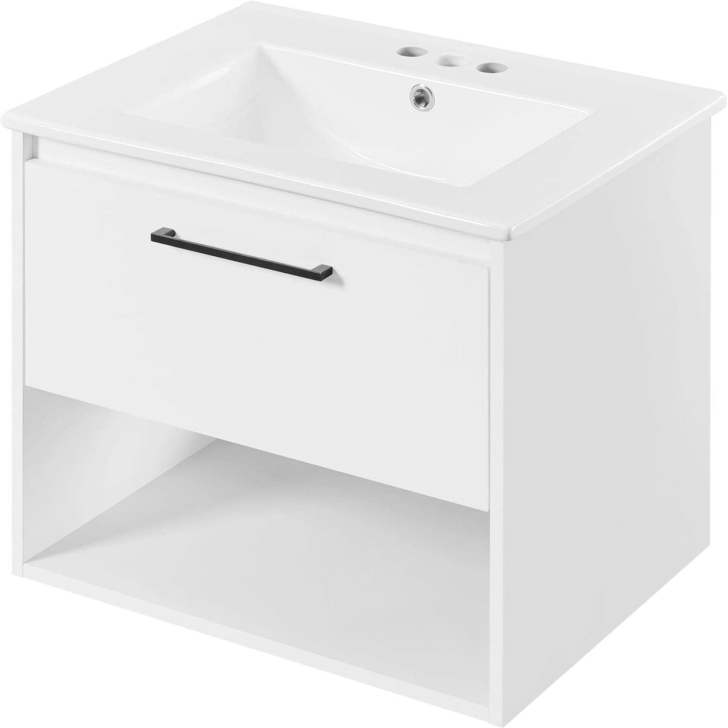 Modern Wall Mounted Bathroom Vanity in White Wood Finish with Ceramic Sink - Free Shipping