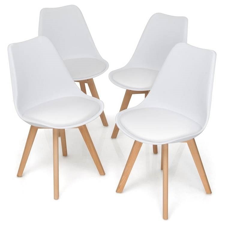 Set of 4 Modern Mid-Century Style White PU Leather Dining Chairs with Wood Legs - Free Shipping 