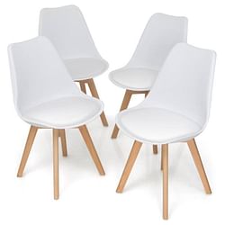 Set of 4 Modern Mid-Century Style White PU Leather Dining Chairs with Wood Legs - Free Shipping