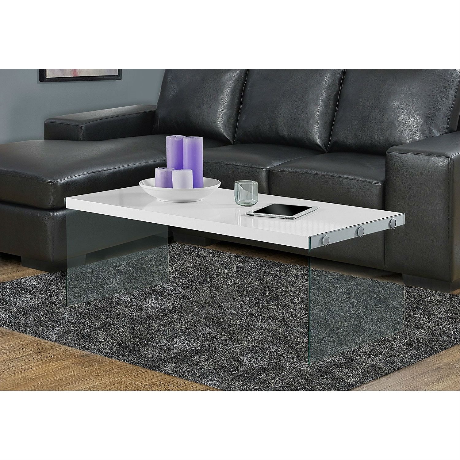 White Modern Rectangular Coffee Table with Tempered Glass Legs - Free Shipping