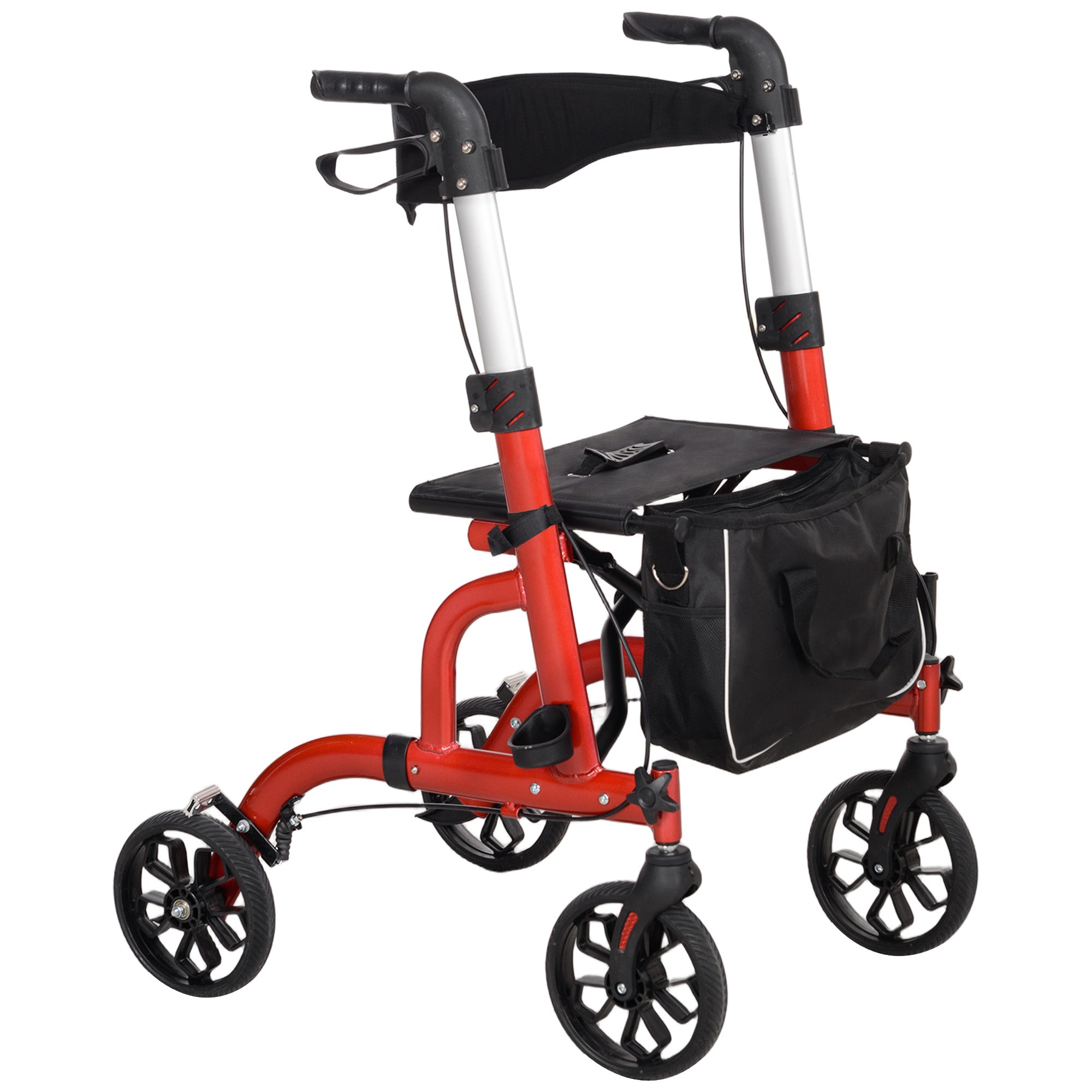 HOMCOM Rollator Walker for Seniors and Adults with 8'' Wheels, Padded Seat and Backrest,  Storage Bag Red 