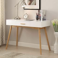 Modern Laptop Writing Desk in White with Natural Mid-Century Style Legs - Free Shipping 