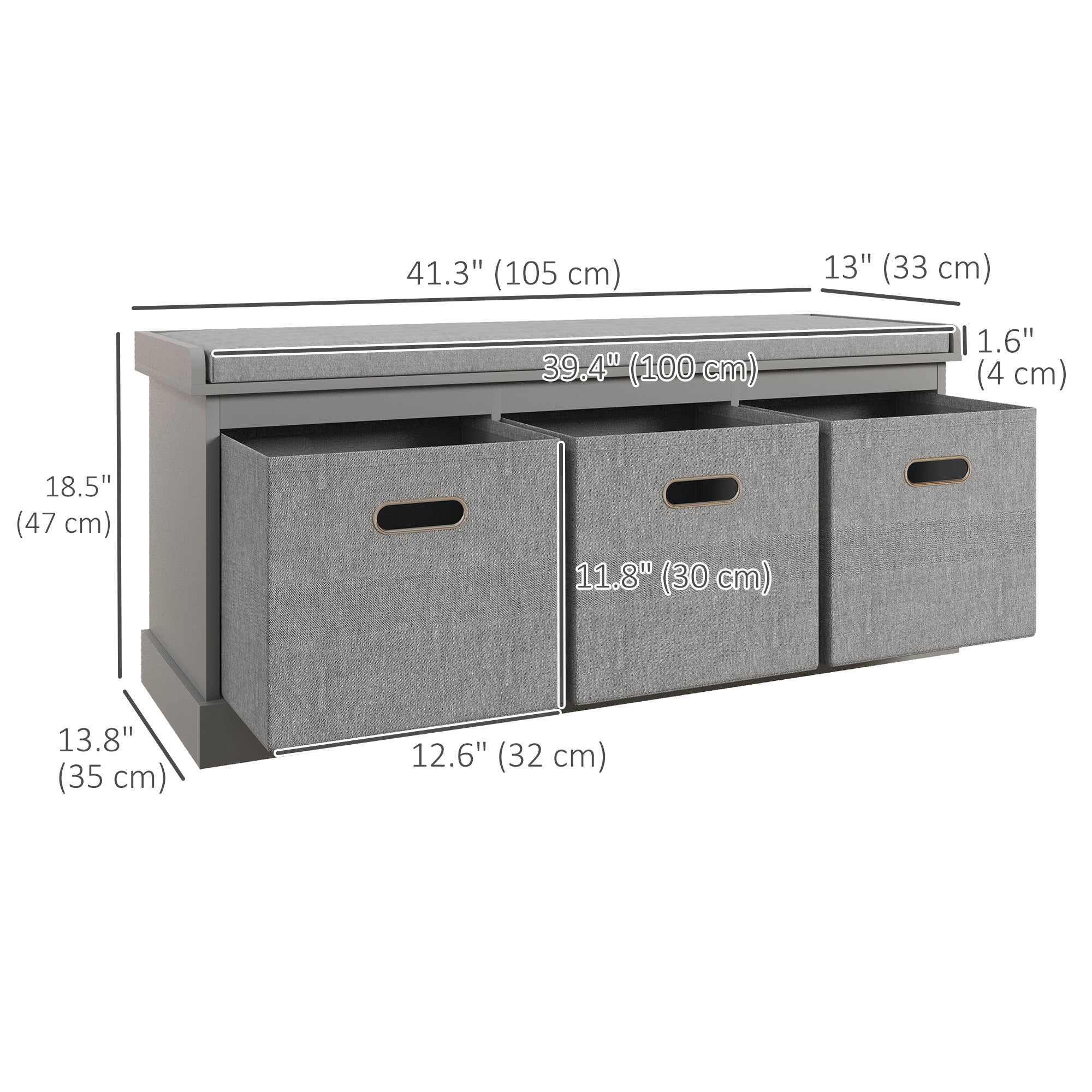 HOMCOM Shoe Storage Bench with Seat, Entryway Bench Seat with Cushion, 3 Fabric Drawers for Hallway, Grey 