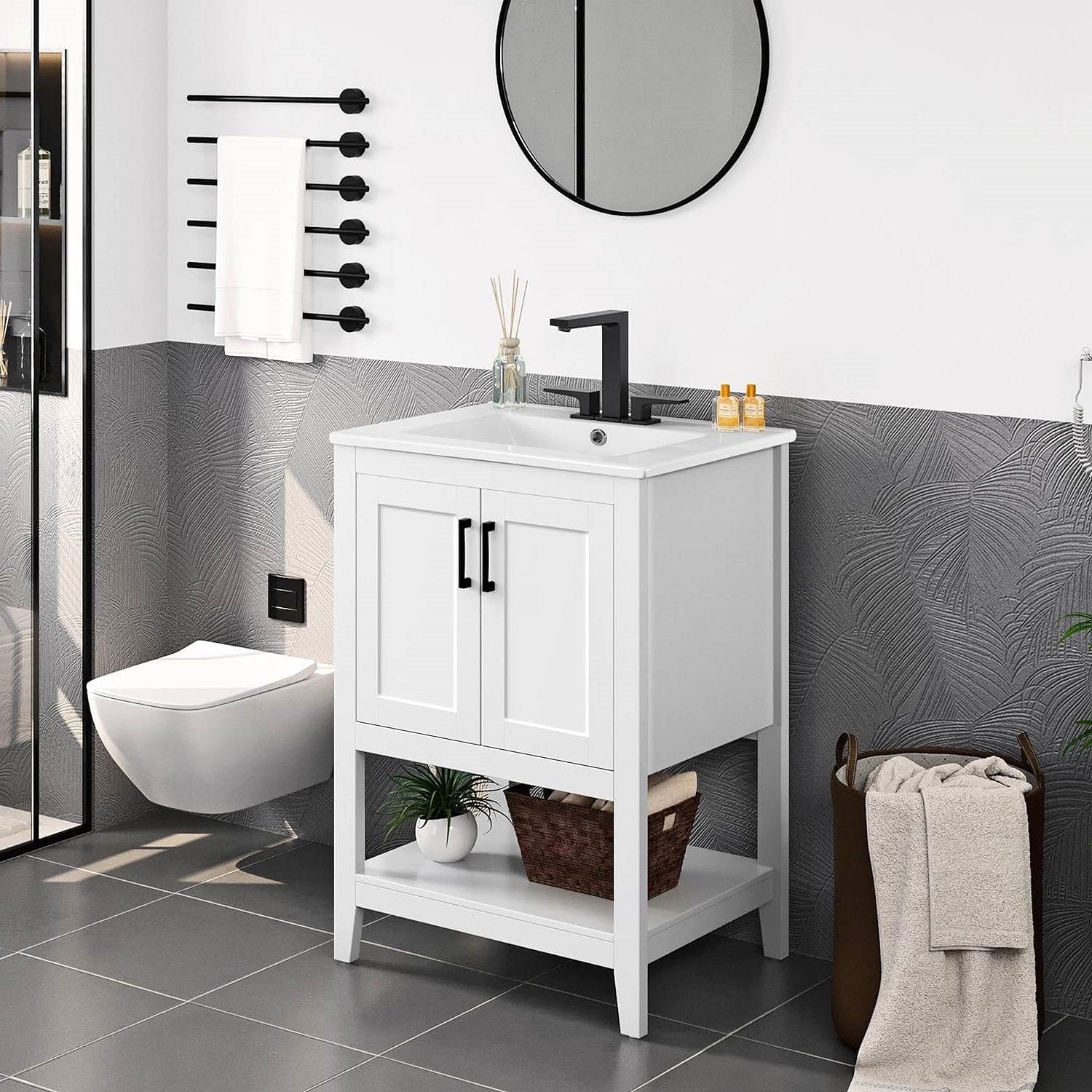 Modern White Wood Bathroom Vanity with White Ceramic Sink - Free Shipping