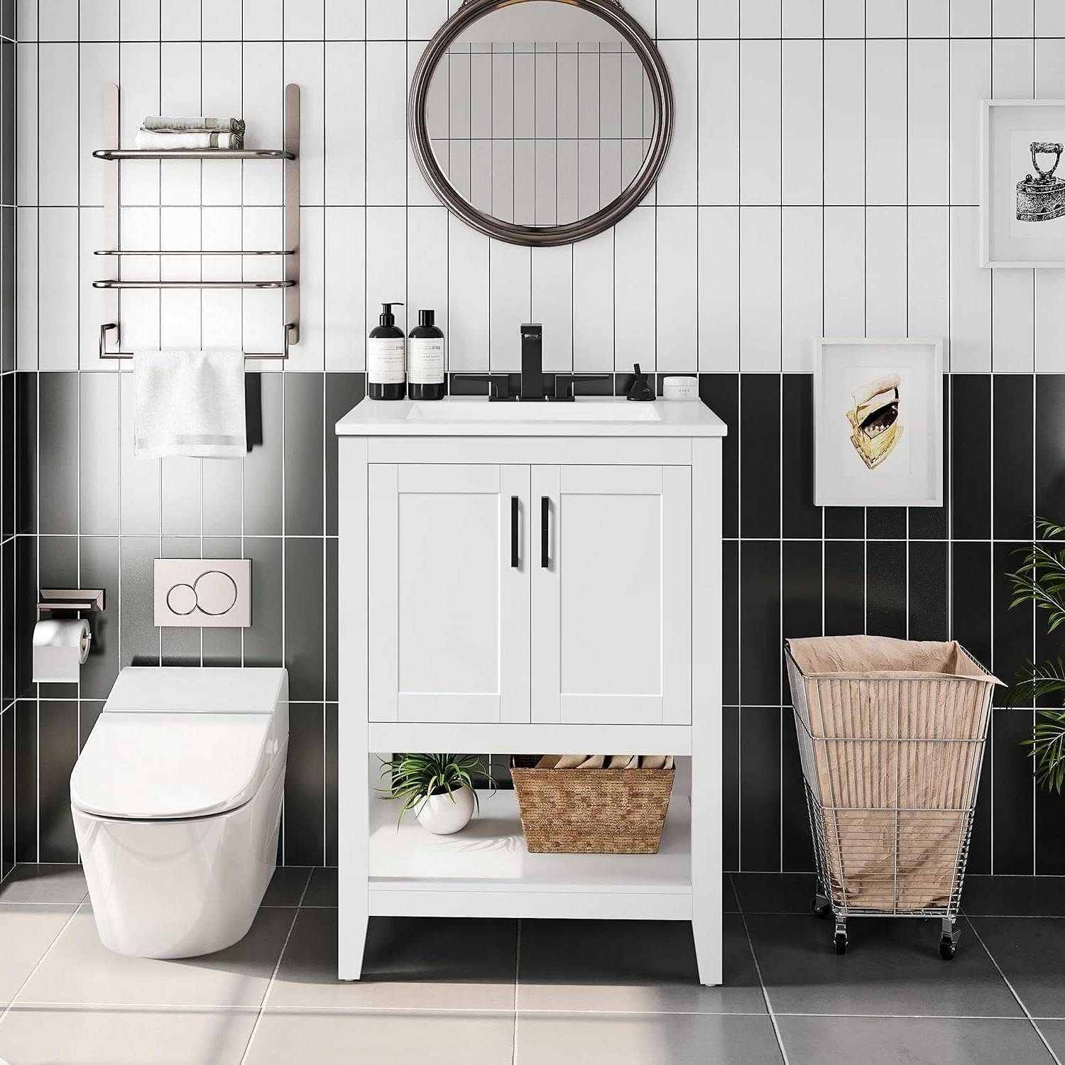 Modern White Wood Bathroom Vanity with White Ceramic Sink - Free Shipping