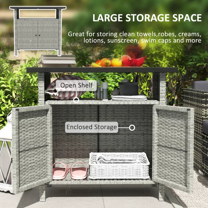 Wicker Outdoor Storage Cabinet with Two Doors and Shelf for Outdoor Pool Towel Storage, Grey