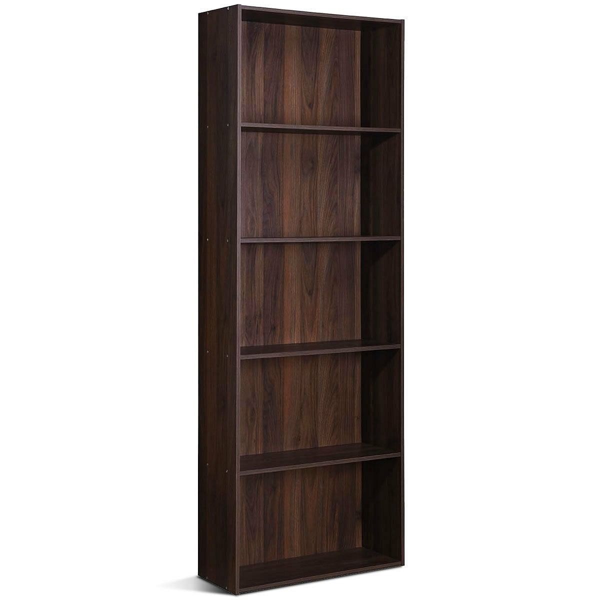 Modern 5-Tier Bookcase Storage Shelf in Brown Walnut Wood Finish - Free Shipping 