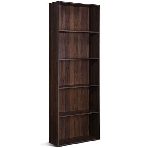 Modern 5-Tier Bookcase Storage Shelf in Brown Walnut Wood Finish - Free Shipping